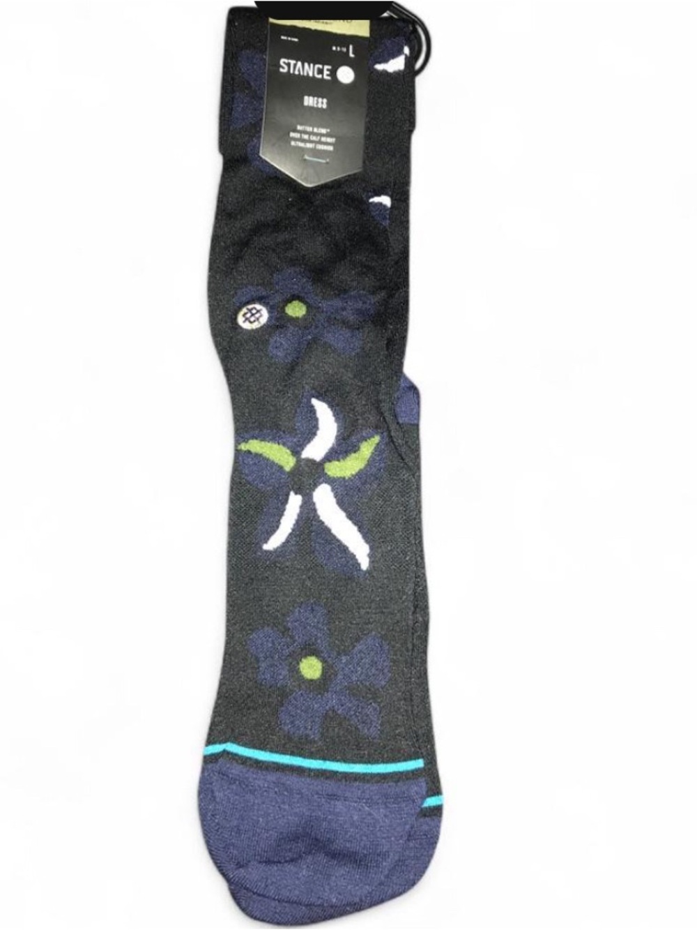 Stance Black Floral Dress Socks with Navy Toe and Green Accents
